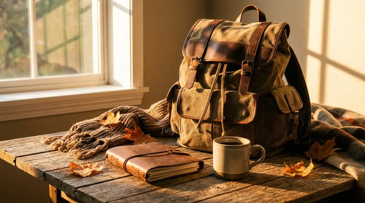 Un sac à dos, un carnet et une tasse de café sur une table en bois, ambiance rentrée