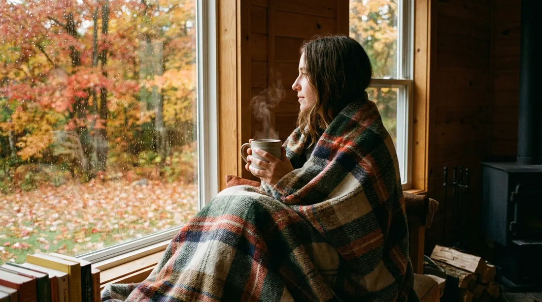 Une personne enveloppée dans un plaid avec une boisson chaude près d'une fenêtre en automne