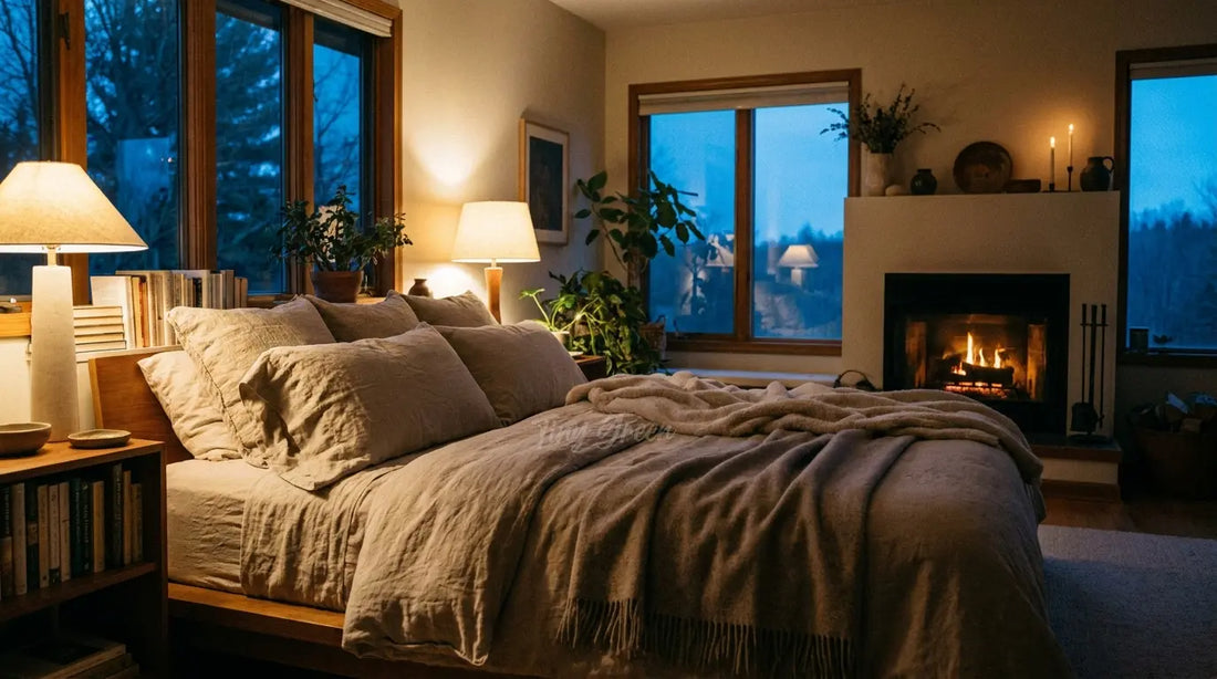 Une chambre calme et chaleureuse au crépuscule, lumière tamisée
