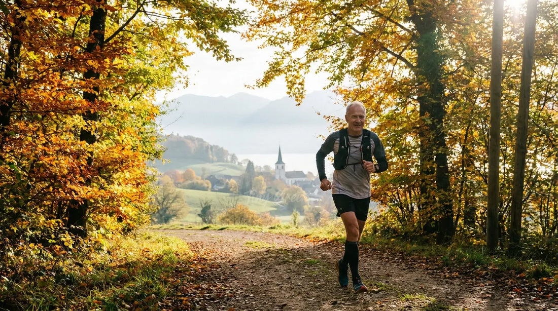Un joggeur sur un chemin bordé d'arbres aux couleurs automnales