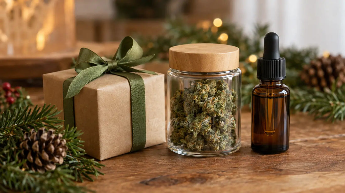 Petit coffret cadeau emballé avec un ruban vert à côté d'un pot de fleur de CBD