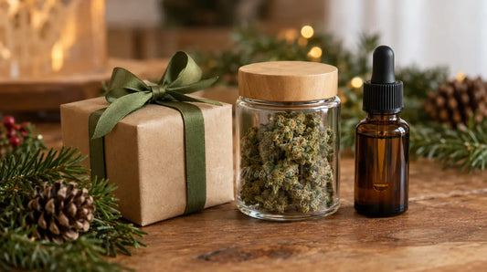 Petit coffret cadeau emballé avec un ruban vert à côté d'un pot de fleur de CBD