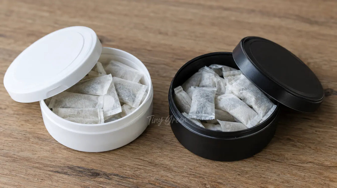 Deux boîtes de snus ouvertes montrant des sachets blancs