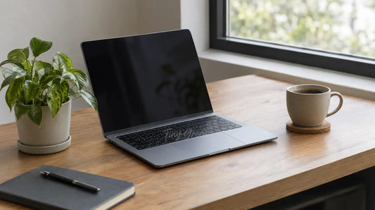 Bureau en bois avec un ordinateur portable, une petite plante et une tasse de café