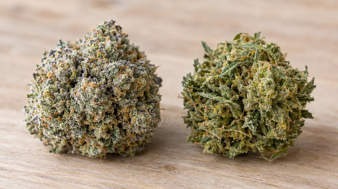 Deux fleurs de CBD différentes côte à côte sur une surface en bois