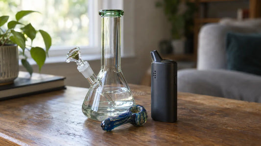 Un bong, une pipe en verre et un vaporisateur portable posés sur une table en bois