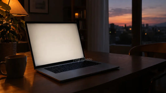 Écran d'ordinateur portable qui brille doucement dans une pièce sombre au crépuscule