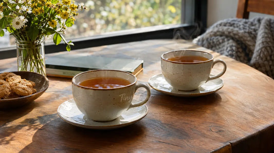 Deux tasses de thé chaud posées sur une table en bois près d'une fenêtre