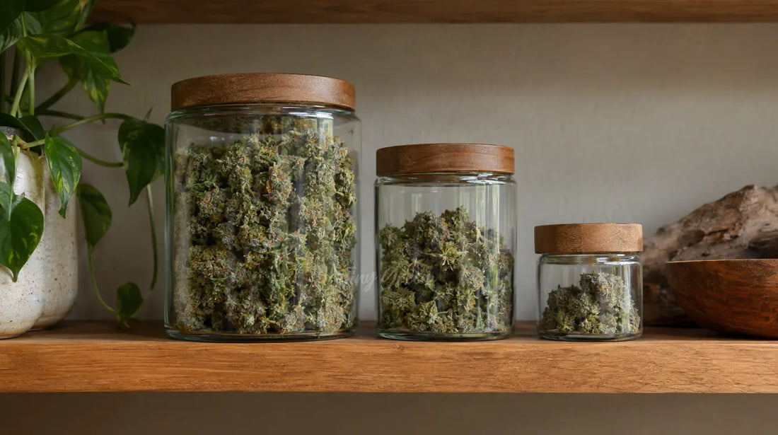 Trois pots en verre de tailles différentes remplis de fleurs de CBD sur une étagère en bois