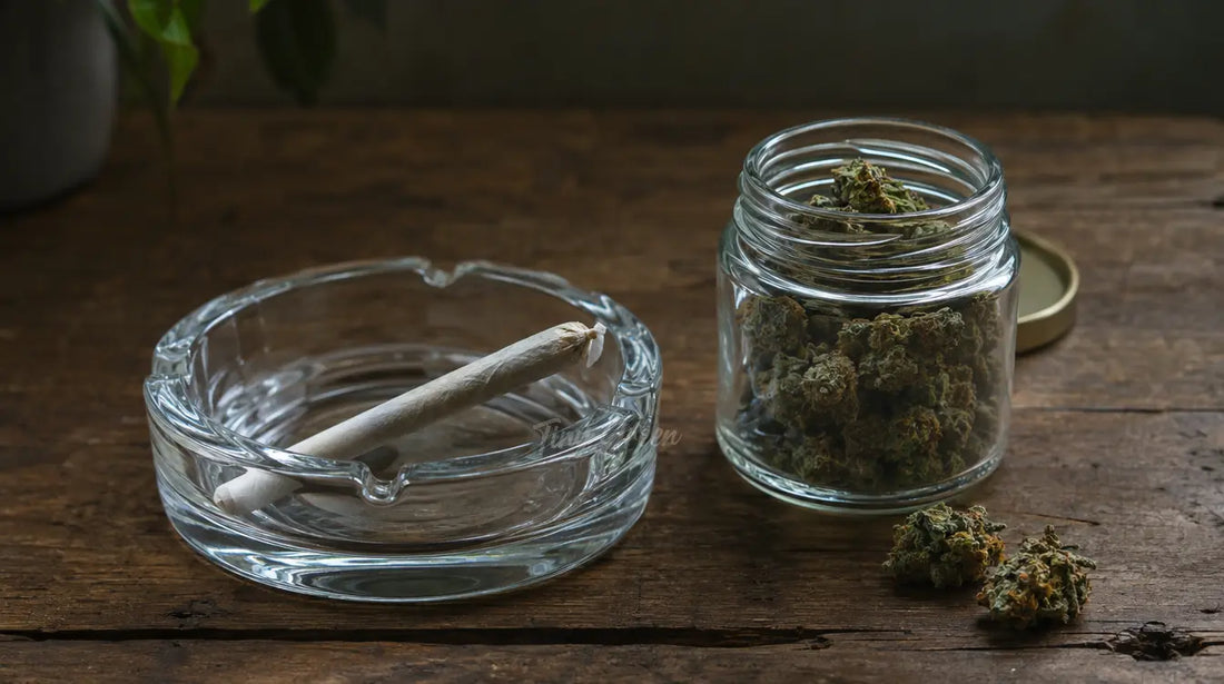Cendrier en verre avec une cigarette roulée à côté d'un petit pot de fleur de CBD