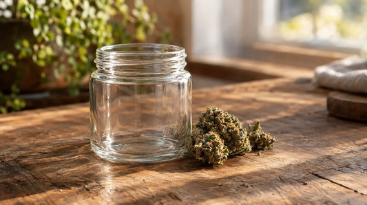 Petit pot en verre vide avec quelques têtes de CBD posées à côté sur une table en bois