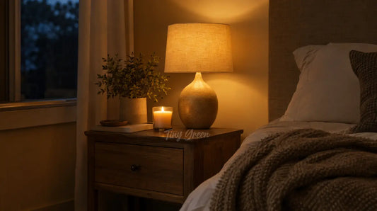 Table de chevet la nuit avec une bougie allumée et une lumière chaude de lampe