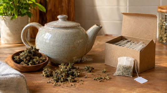 Théière en céramique avec des fleurs de CBD séchées éparpillées à côté d'une boîte de sachets de thé