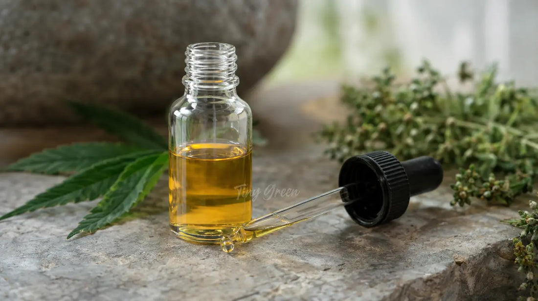 Flacon compte-gouttes d'huile de CBD à moitié vide avec le compte-gouttes posé à côté