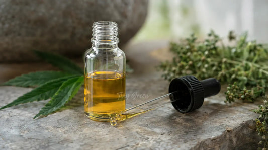 Flacon compte-gouttes d'huile de CBD à moitié vide avec le compte-gouttes posé à côté