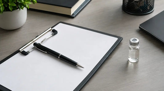 Bureau avec un porte-bloc, un stylo et un petit flacon en verre posé à côté