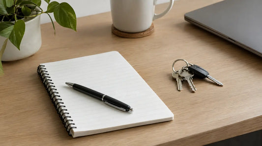 Bureau bien rangé avec un bloc-notes, un stylo et un trousseau de clés
