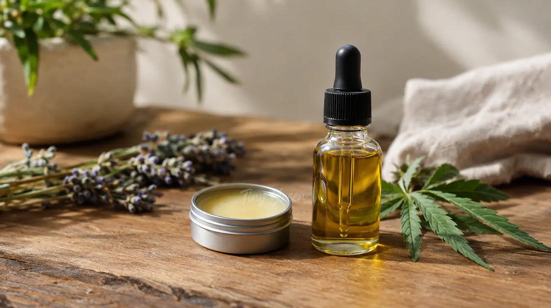 Petit pot de baume au CBD posé à côté d'un flacon compte-gouttes d'huile sur une table en bois