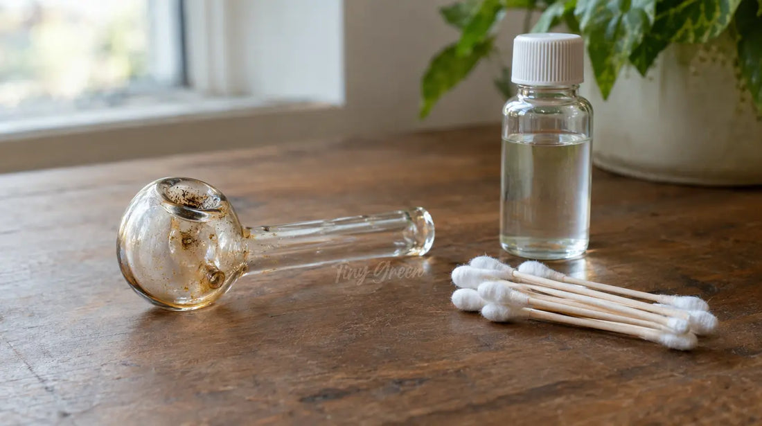 Pipe en verre posée sur une table en bois à côté de cotons-tiges et d'un petit flacon de nettoyage