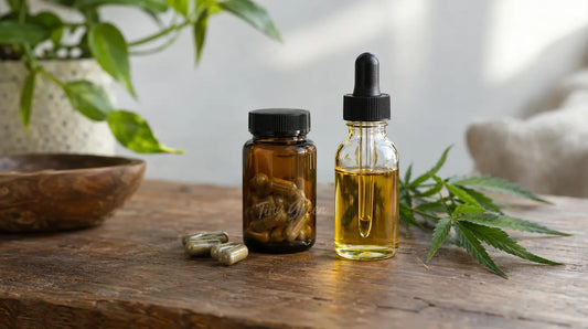 Petit flacon de gélules de CBD posé à côté d'un flacon compte-gouttes d'huile sur une table en bois