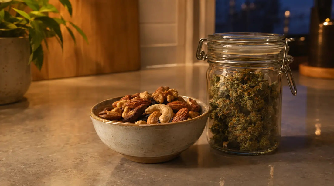 Comptoir de cuisine le soir avec un bol de fruits secs et un pot de fleurs de CBD posé à côté