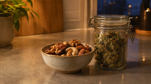 Comptoir de cuisine le soir avec un bol de fruits secs et un pot de fleurs de CBD posé à côté