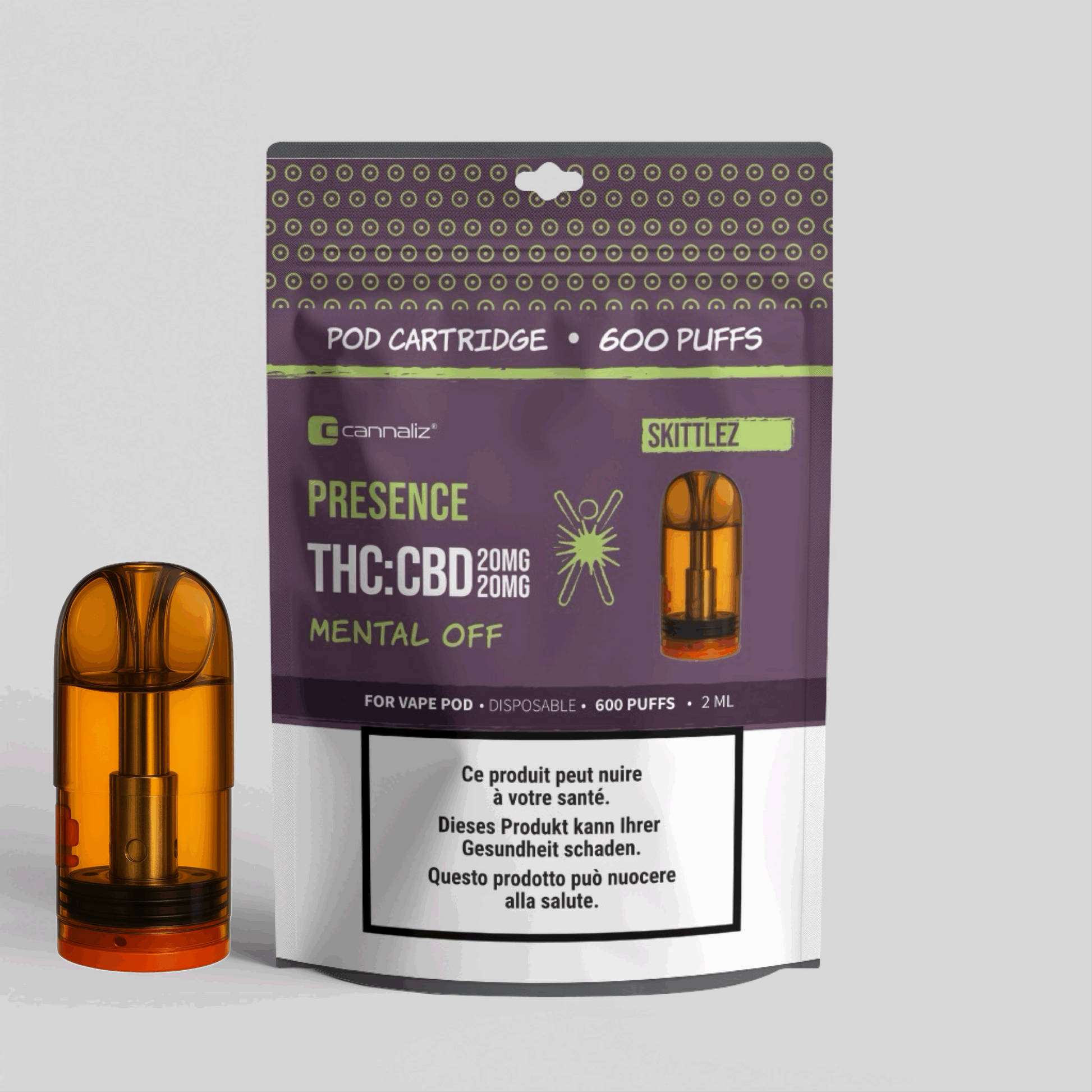 Cartouche de pod de cannabis THC 20 mg CBD 20 mg 2 ml Skittlez Tiny Green Cartouche de pod de cannabis THC 20 mg CBD 20 mg 2 ml Skittlez Tiny Green