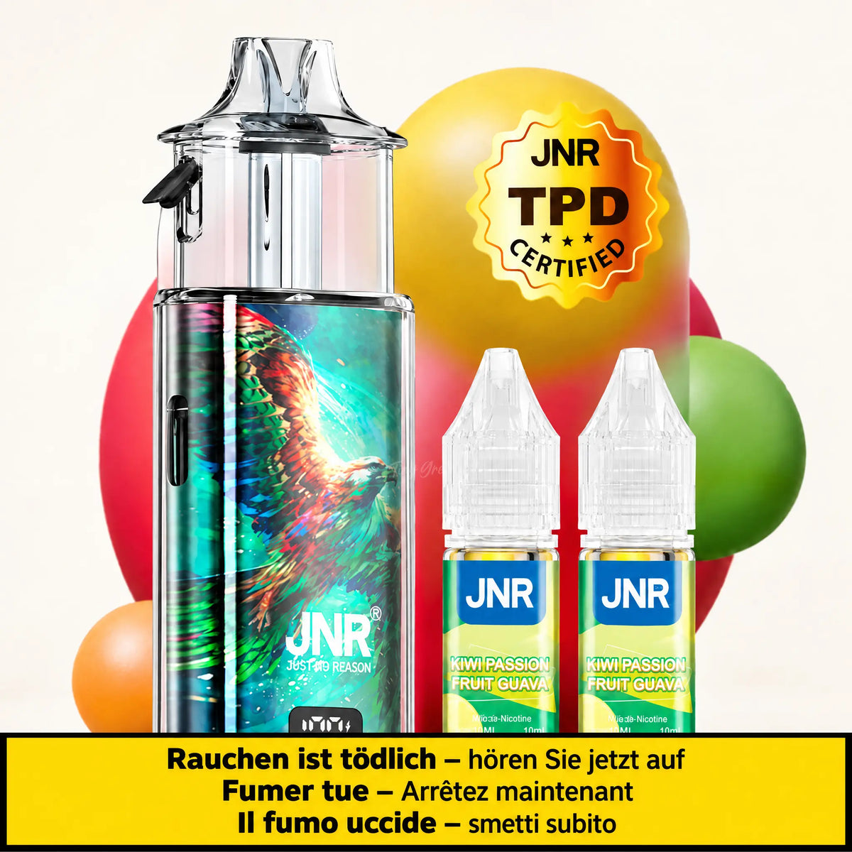 Vape rechargeable JNR Falcon Infinity 55K et deux flacons de recharge saveur Kiwi Passion Fruit Guava sur fond neutre, avec avertissement sanitaire trilingue en bas de l'image.