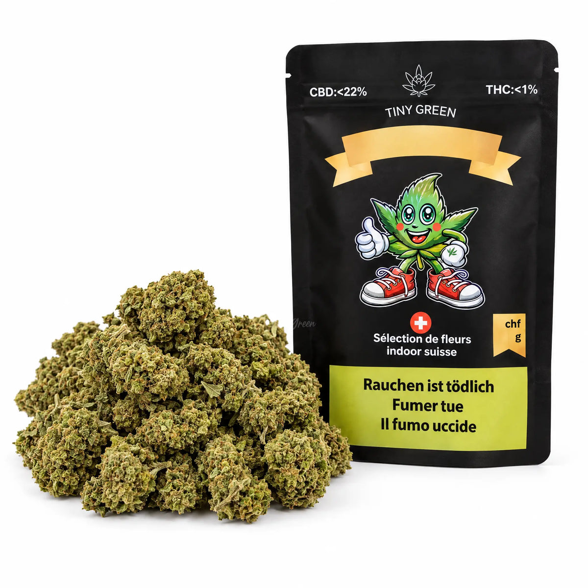 Strawberry small buds 50g, têtes de CBD avec sachet Tiny Green