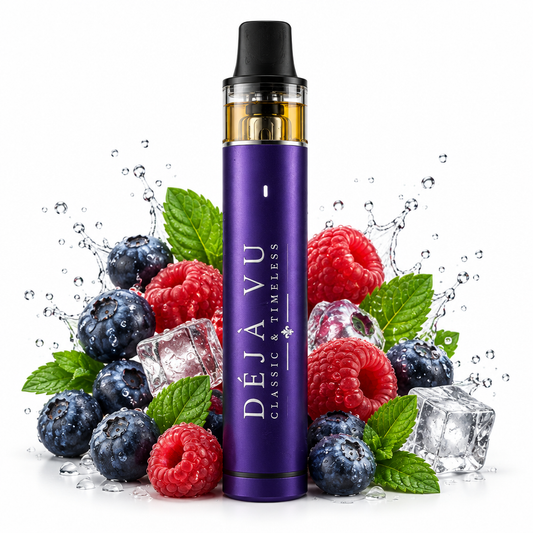 Vape Déjà Vu Blueberry Raspberry Ice violette avec myrtilles, framboises et glaçons