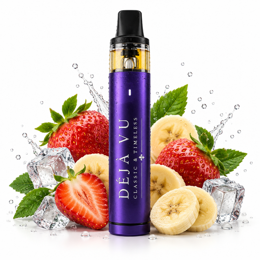 Vape Déjà Vu Strawberry Banana violette avec fraises, bananes et glaçons