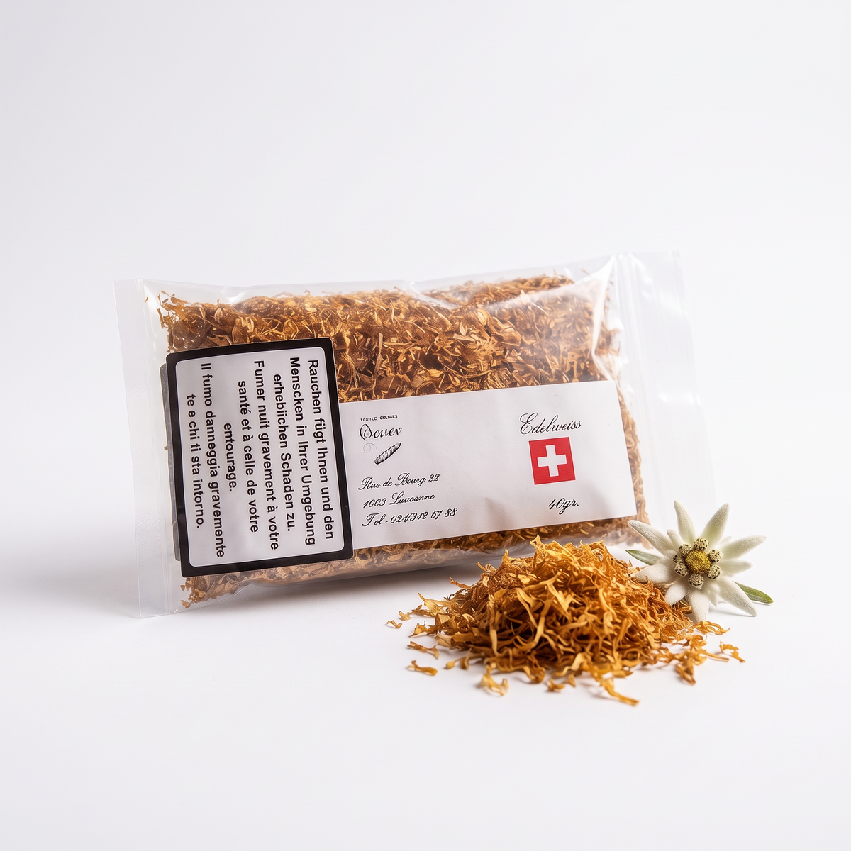 Tabac Edelweiss blond suisse sans additifs, sachet 40g sur fond blanc – Tiny Green